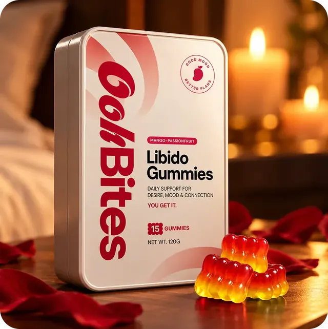Æske med Oohbites Gummies og løse gummies på et bord i stearinlysets skær